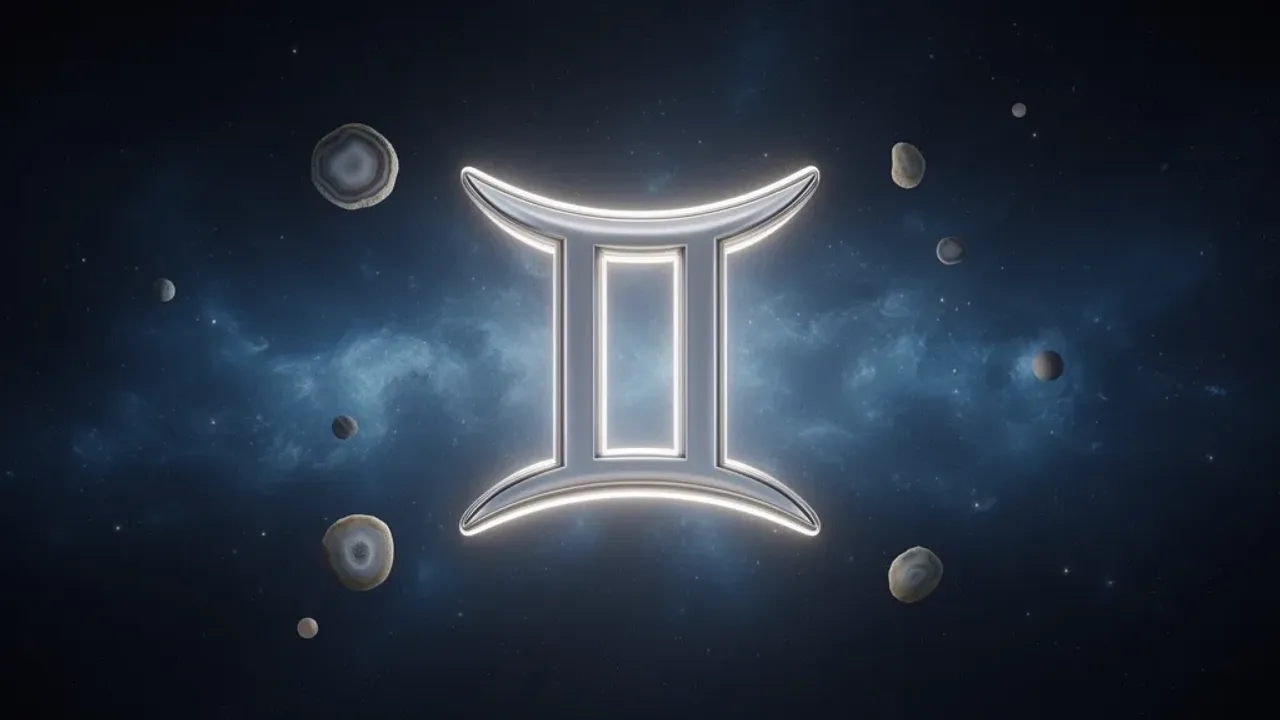 23 maja znak zodiaku: astrologia i charakterystyka bliźniąt (daty) Artystyczna wizualizacja Gemini jako 23 maja znak zodiaku z symboliką Merkurego i kamieniem agat na tle niebieskiej mgławicy.