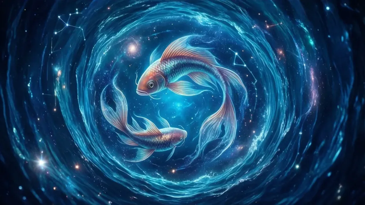 26 luty znak zodiaku: astrologia, opis znaku zodiaku i Ryby – charakterystyka Minimalistyczna grafika przedstawiająca zodiakalne Ryby, 26 luty znak zodiaku w otoczeniu kosmicznej mgławicy.