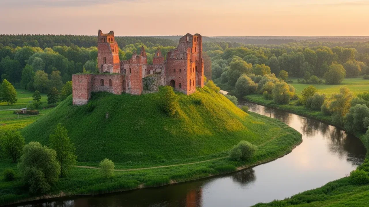 Atrakcje Mazowsza: ciekawe miejsca w okolicach Warszawy na weekendowy wyjazd Zabytkowy zamek i malowniczy krajobraz Puszczy Kampinoskiej z panoramą Warszawy w tle jako atrakcje Mazowsza.