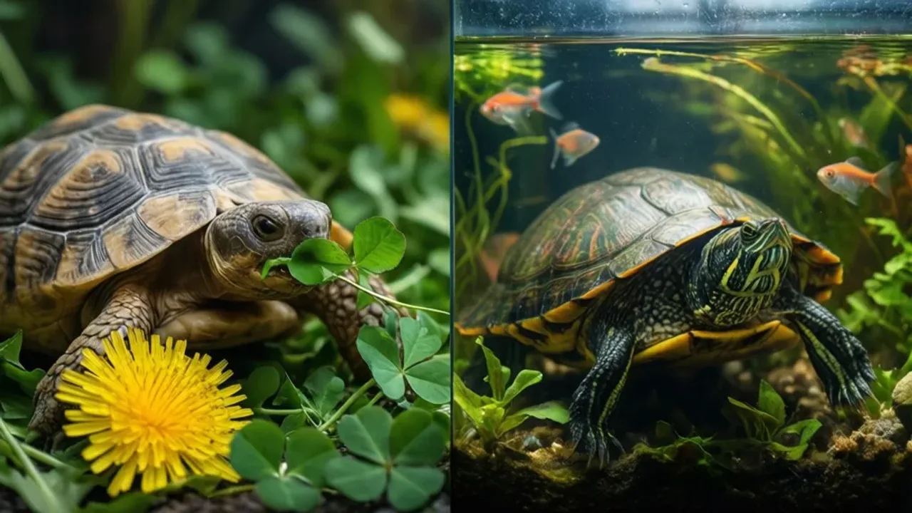 Co jedzą żółwie? Praktyczny poradnik żywienia żółwi wodno-lądowych Żółw lądowy i wodno-lądowy w naturalnym środowisku z różnorodnym pokarmem ilustrującym to, co jedzą żółwie.