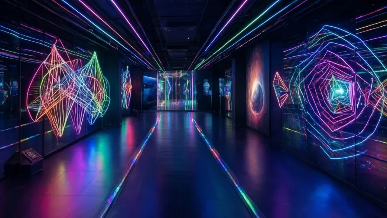 Cosmos Muzeum Warszawa: Praktyczny przewodnik po wystawie – wstęp, bilet, czas Wnętrze eksponatu w Cosmos Muzeum Warszawa z neonowym oświetleniem i instalacją świetlną.
