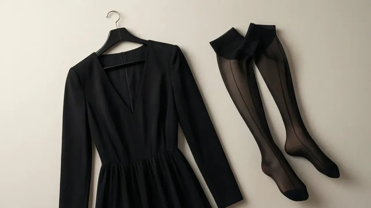 Czarne rajstopy do czarnej sukienki: jak wybrać do małej czarnej? Eleganckie czarne rajstopy do czarnej sukienki zestawione w minimalistycznej stylizacji modowej.
