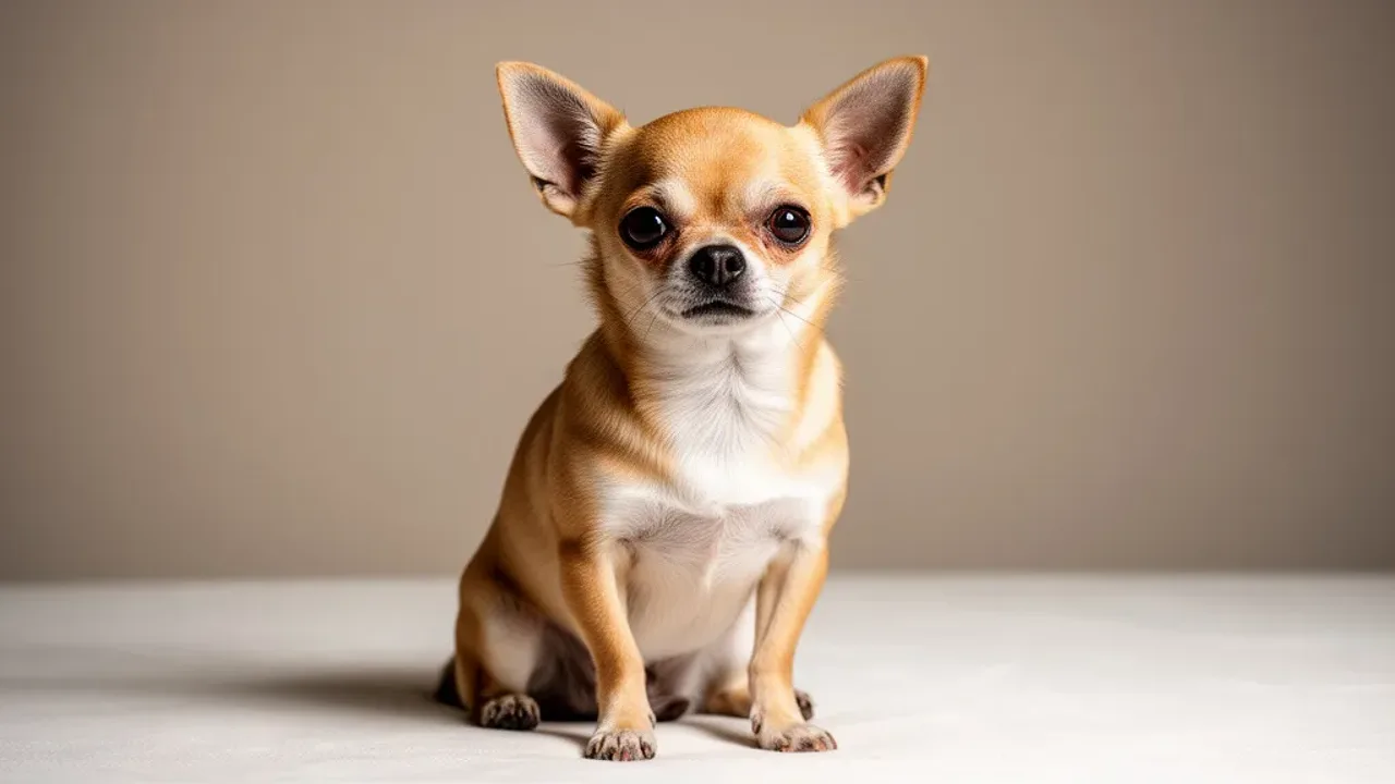 Cziłałą: chihuahua – wszystko o tej rasie psa i jak żywić ten mały pies Mały pies rasy cziłałą siedzący w profesjonalnym studiu fotograficznym.