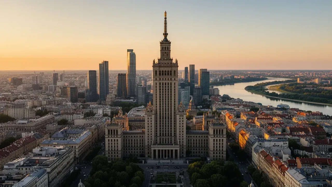 Dzielnice Warszawy: praktyczny podział administracyjny i 18 dzielnic Widok z lotu ptaka na nowoczesną panoramę miasta i dzielnice Warszawy z Pałacem Kultury i Nauki w centrum.