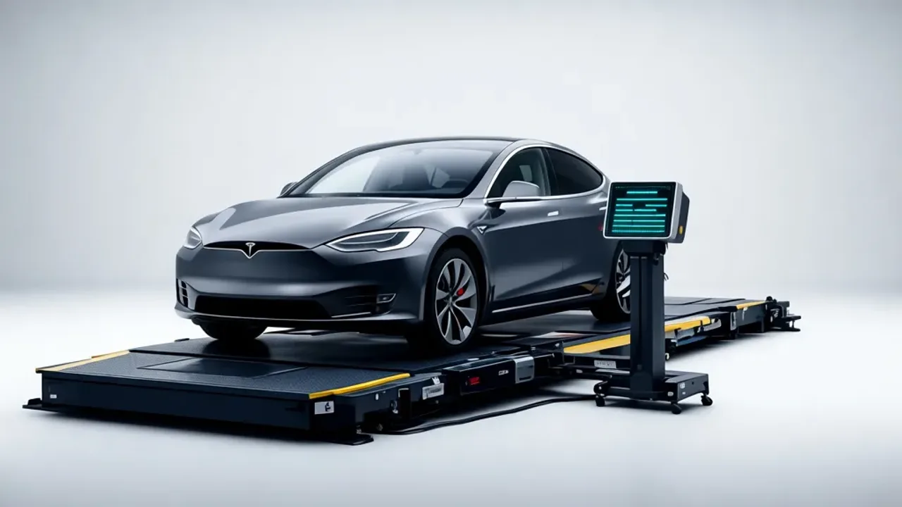 Ile waży samochód osobowy? Masa własna, DMC i ładowność pojazdu Elektroniczna waga samochodowa pokazująca cyfrowy wynik pomiaru, który wyjaśnia ile waży samochód osobowy podczas kontroli technicznej.