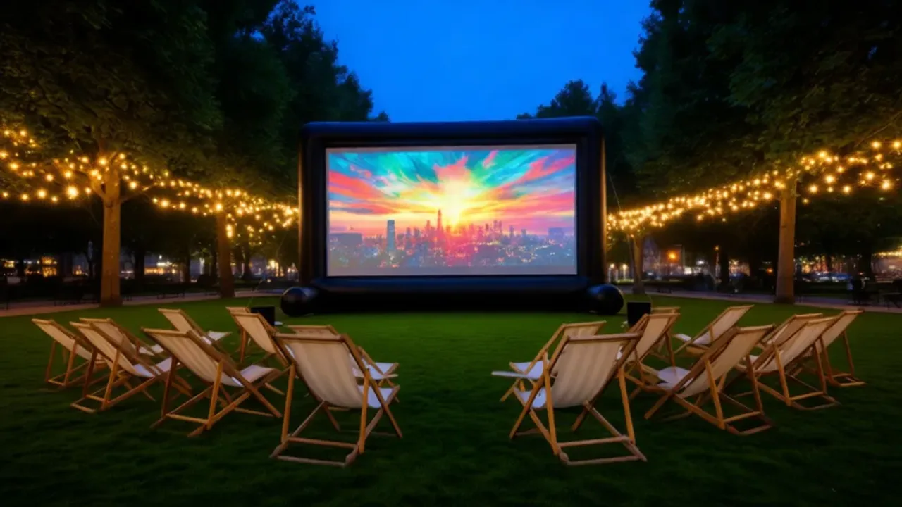 Kino plenerowe 2025: jak zorganizować pokaz i kina plenerowe w Warszawie Profesjonalne kino plenerowe z ekranem i leżakami w parku o zmierzchu.