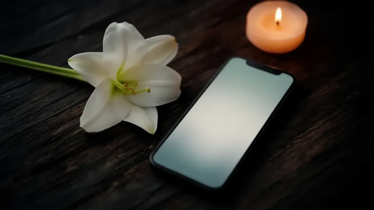 Kondolencje SMS: jak wyrazić stratę bliskiej osoby i składać kondolencje? Elegancki smartfon z wyświetloną wiadomością kondolencje SMS obok białej lilii i zapalonej świecy.