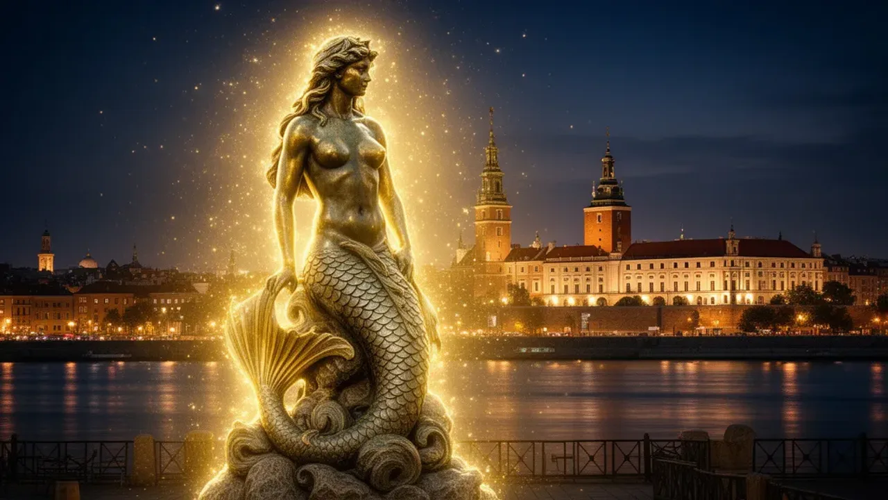 Legendy warszawskie: warszawski przewodnik, antologia, Warszawa i YouTube Ilustracja przedstawiająca Syrenkę Warszawską nad Wisłą w scenerii nawiązującej do tematu legendy warszawskie.