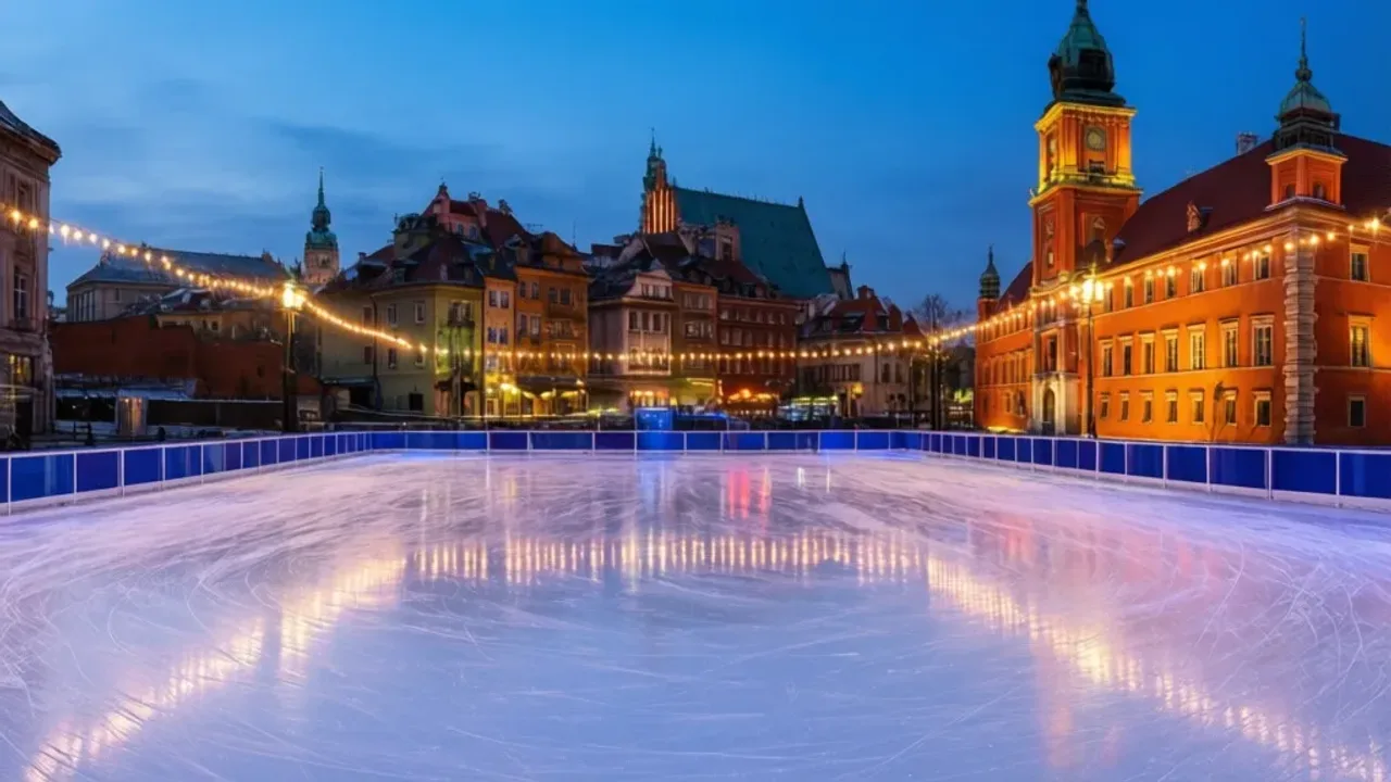Lodowiska Warszawa 2026: bezpłatny wstęp, łyżwy i ślizgawka na Rynku Starego Miasta Nowoczesne lodowiska Warszawa z widokiem na historyczną architekturę Rynku Starego Miasta w zimowy wieczór.