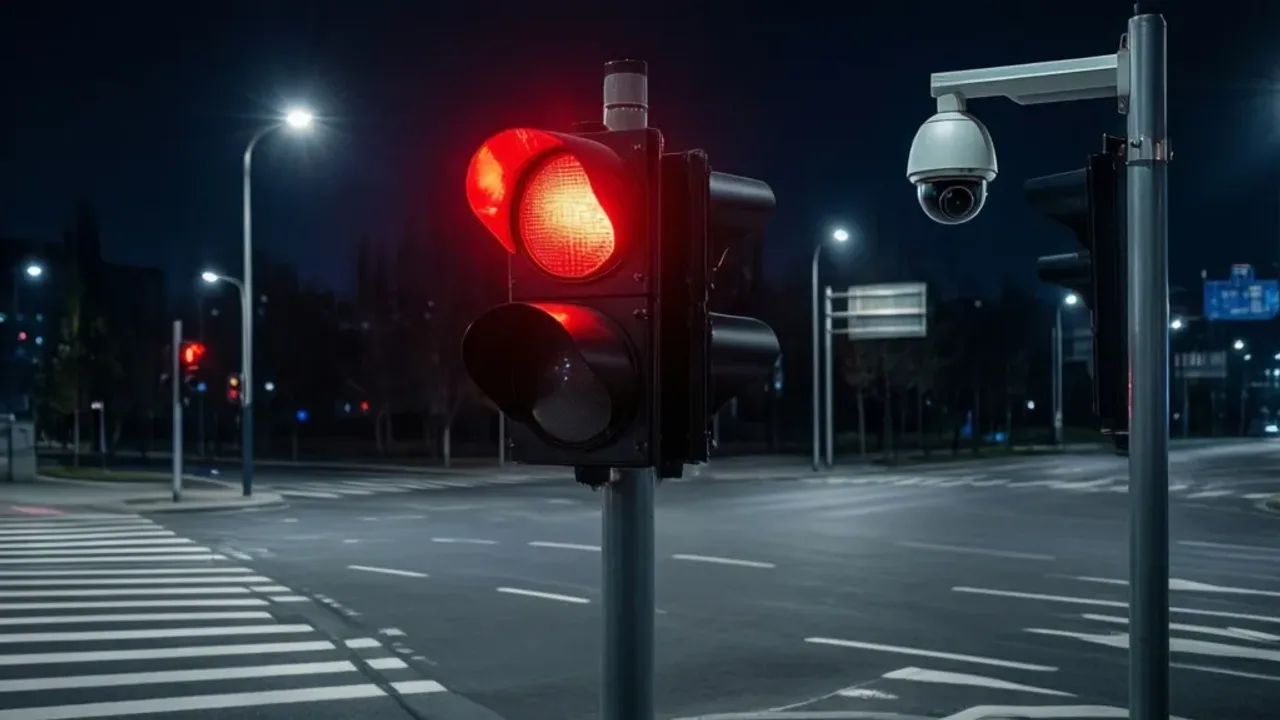 Mandat za przejazd na czerwonym w 2025: kary, punkty karne i jak uniknąć kary Automatyczny system Red Light rejestrujący mandat za przejazd na czerwonym na miejskim skrzyżowaniu.