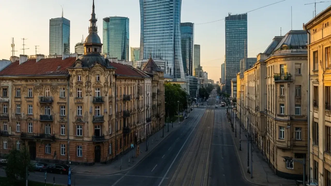 Mokotów: Przewodnik po dzielnicy Warszawa m.st. i zarząd dróg miejskich Widok na nowoczesne budynki biurowe i zabytkowe kamienice w dzielnicy Mokotów w Warszawie.