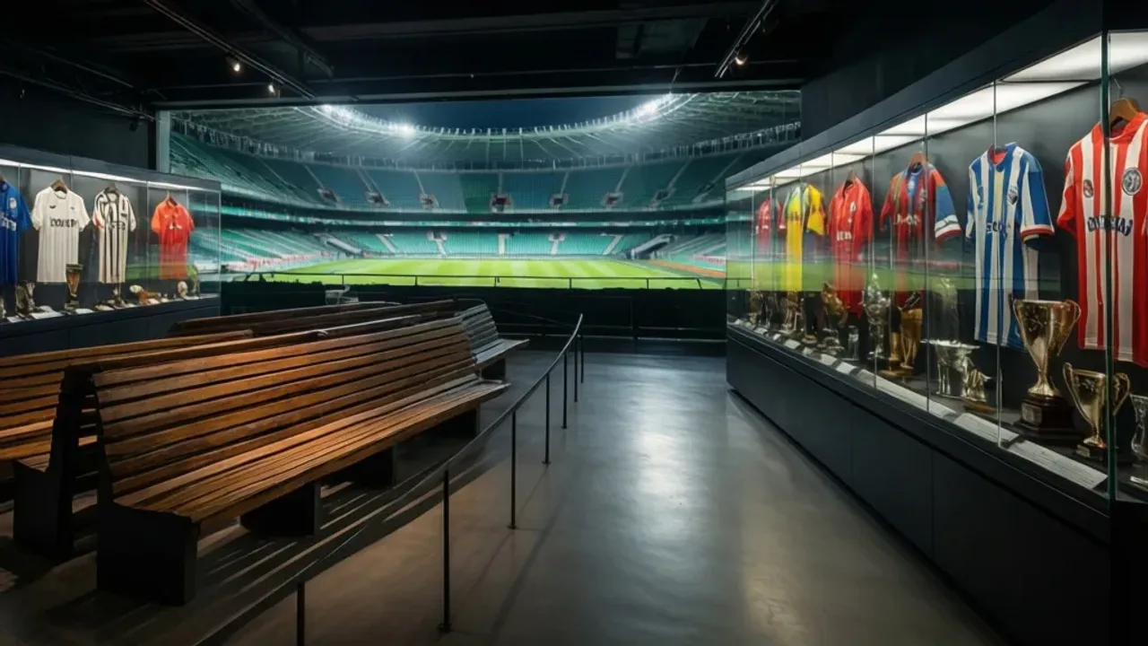 Muzeum Legii Warszawa: Historia klubu i stadionu im. Wiktora Bołby Wnętrze sali wystawowej Muzeum Legii Warszawa z zabytkową koszulką piłkarską i dawnym skórzanym futbolem w gablocie.