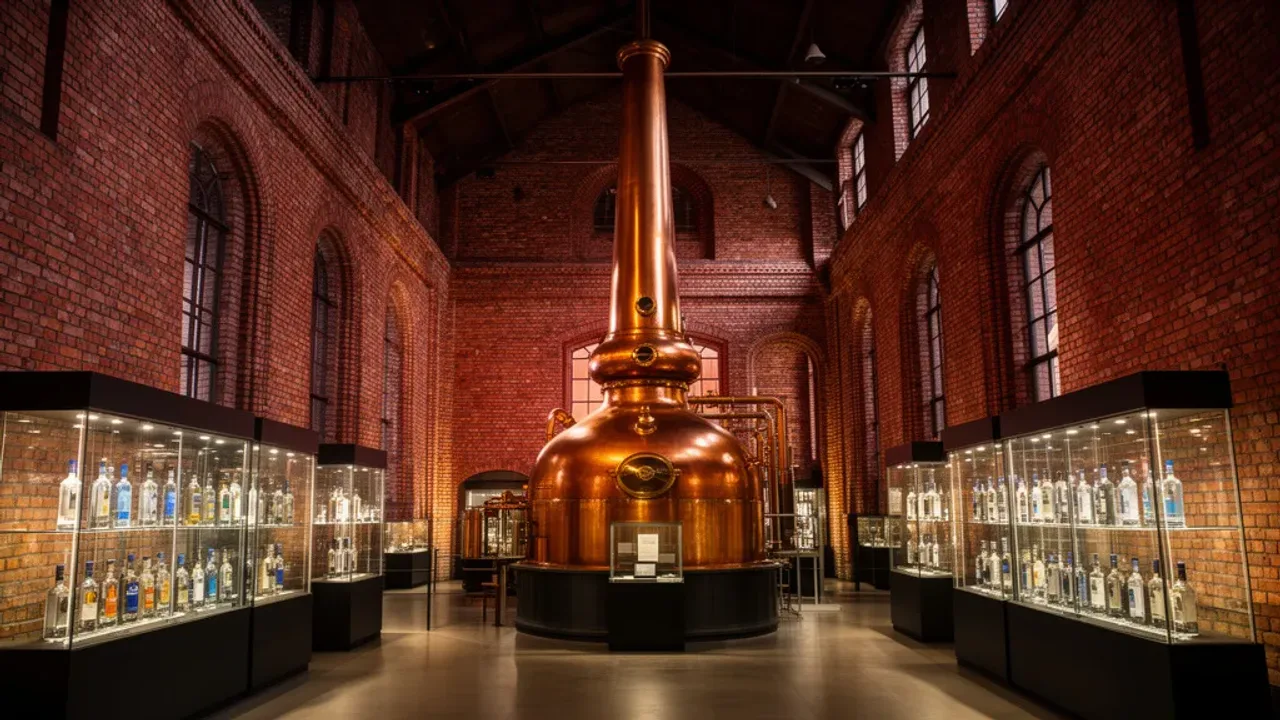 Muzeum wódki w Warszawie: Kompletny poradnik zwiedzania muzeum Polskiej Wódki Wnętrze zabytkowego budynku, w którym mieści się muzeum wódki w Warszawie, z podświetlaną wystawą historycznych butelek.