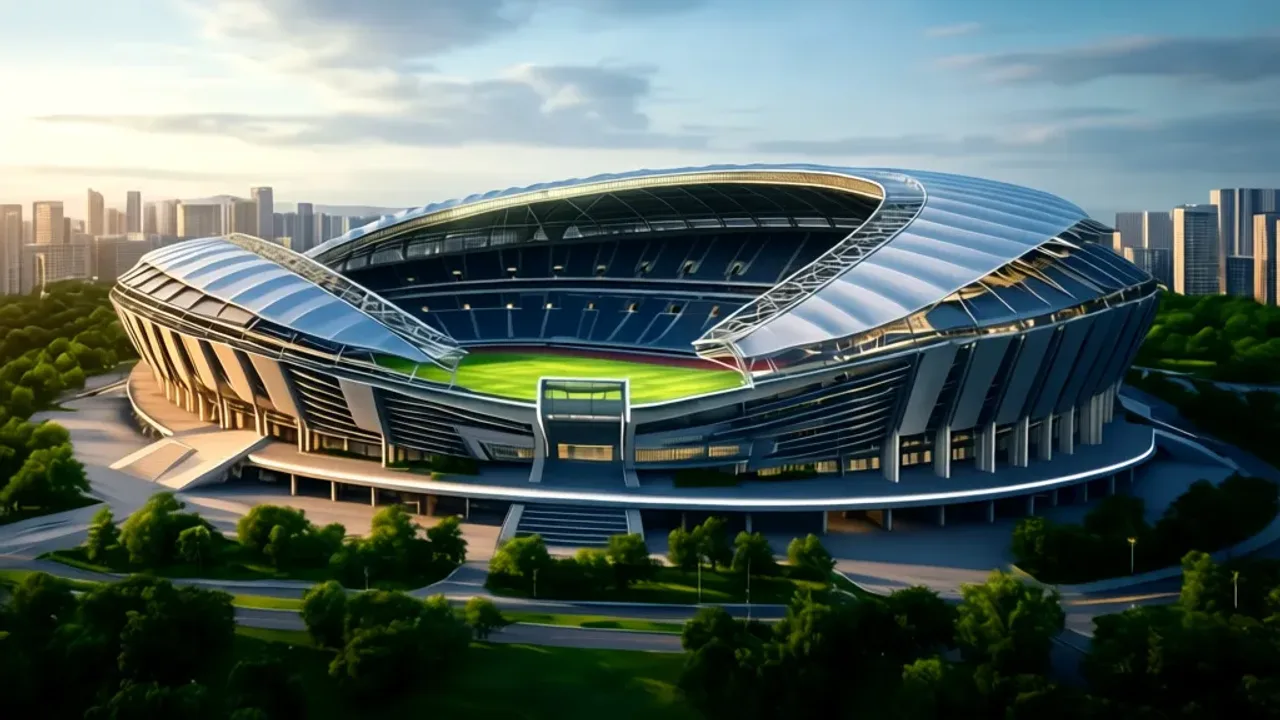 Nowy stadion Polonii Warszawa: hala sportowa i plany klubu Nitota Wizualizacja architektoniczna przedstawiająca nowoczesny nowy stadion Polonii Warszawa w otoczeniu miejskim.