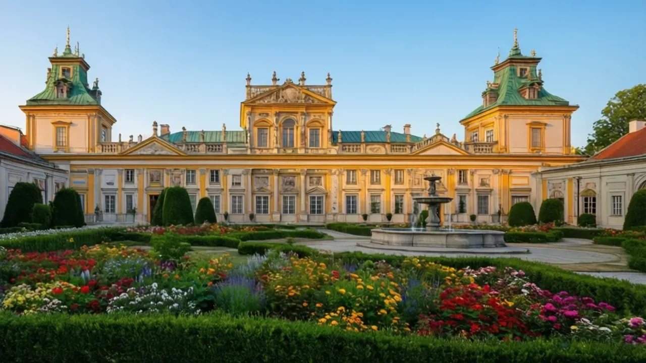 Pałac w Wilanowie: Praktyczny przewodnik po Muzeum Pałacu Króla Jana III Widok na barokowy pałac w Wilanowie z symetrycznym ogrodem i odbiciem w stawie.