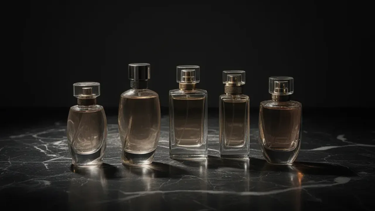 Perfumy meskie top: Ranking 10 najlepszych i kultowe zapachy męskie Elegancka kolekcja flakonów w zestawieniu perfumy meskie top na marmurowym blacie.