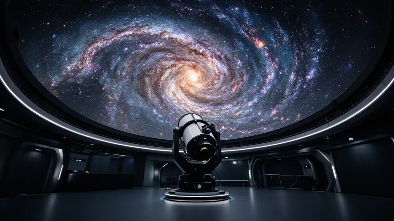 Planetarium Warszawa: nauka w Centrum Nauki Kopernik, pokaz Ziemia i nowego Wnętrze sali projekcyjnej planetarium warszawa z realistyczną symulacją Drogi Mlecznej na kopule.