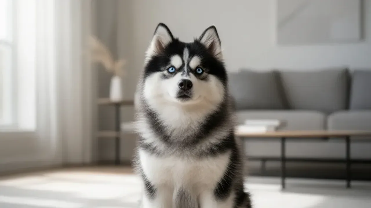 Pomsky: rasa, pielęgnacja i opis designerskiego psa w typie husky Puszysty pies rasy pomsky o niebieskich oczach siedzący w nowoczesnym salonie.