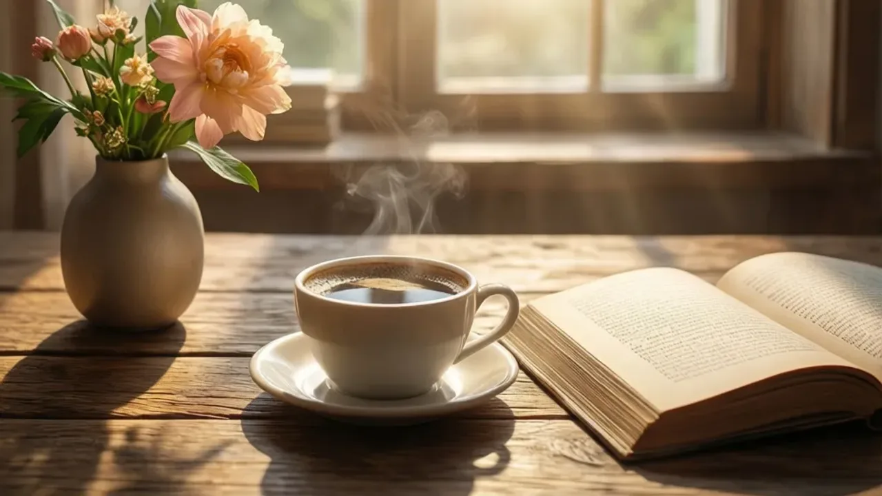 Pozdrowienia na niedzielę: kartki, życzenia i religijne inspiracje Klimatyczna kawa i książka na drewnianym stole jako pozdrowienia na niedzielę w słoneczny poranek.