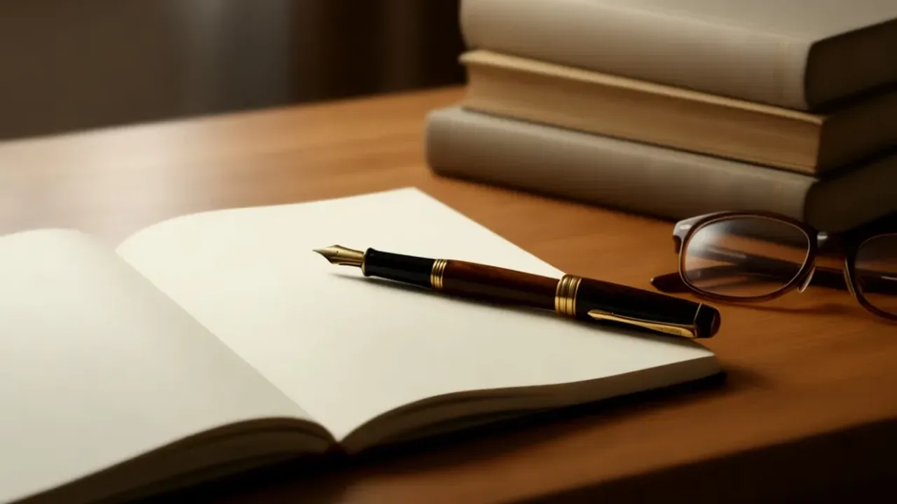 Przykładowa rozprawka: jak napisać tezę na egzamin maturalny z języka polskiego? Przykładowa rozprawka napisana piórem na papierze z lekturami w tle.