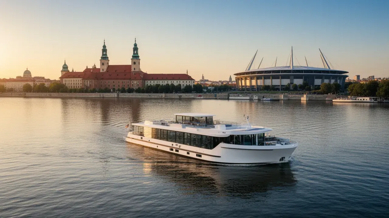 Rejs statkiem po Wiśle Warszawa: rejs po Wiśle i imprezy firmowe 2026 Rejs statkiem po Wiśle Warszawa o zachodzie słońca z widokiem na panoramę miasta.