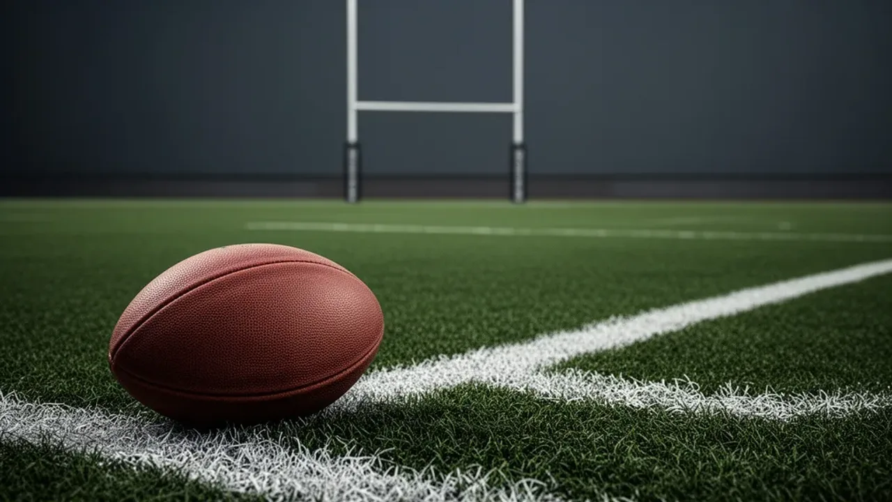 Rugby zasady: kompletny przewodnik po grze w rugby union (2026) Owalna piłka do rugby na murawie boiska ilustrująca rugby zasady.