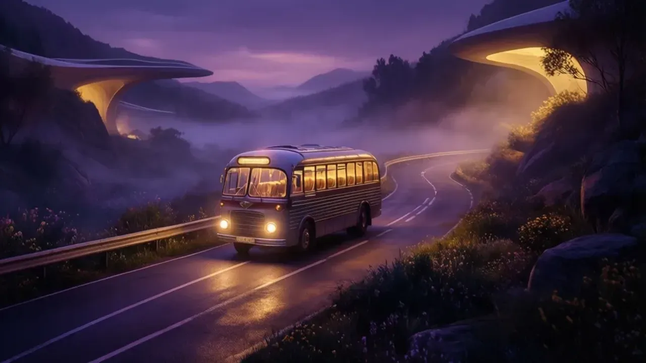 Sennik jechać autobusem: interpretacja snu o autobusie we śnie Symboliczna sennik jechać autobusem ilustracja przedstawiająca surrealistyczny pojazd na tajemniczej drodze.