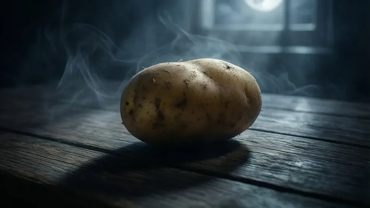 Sennik ziemniaki: interpretacja i znaczenie snu o ziemniakach Ilustracja przedstawiająca mistyczną bulwę w ciemnej glebie jako wizualizacja dla hasła sennik ziemniaki.