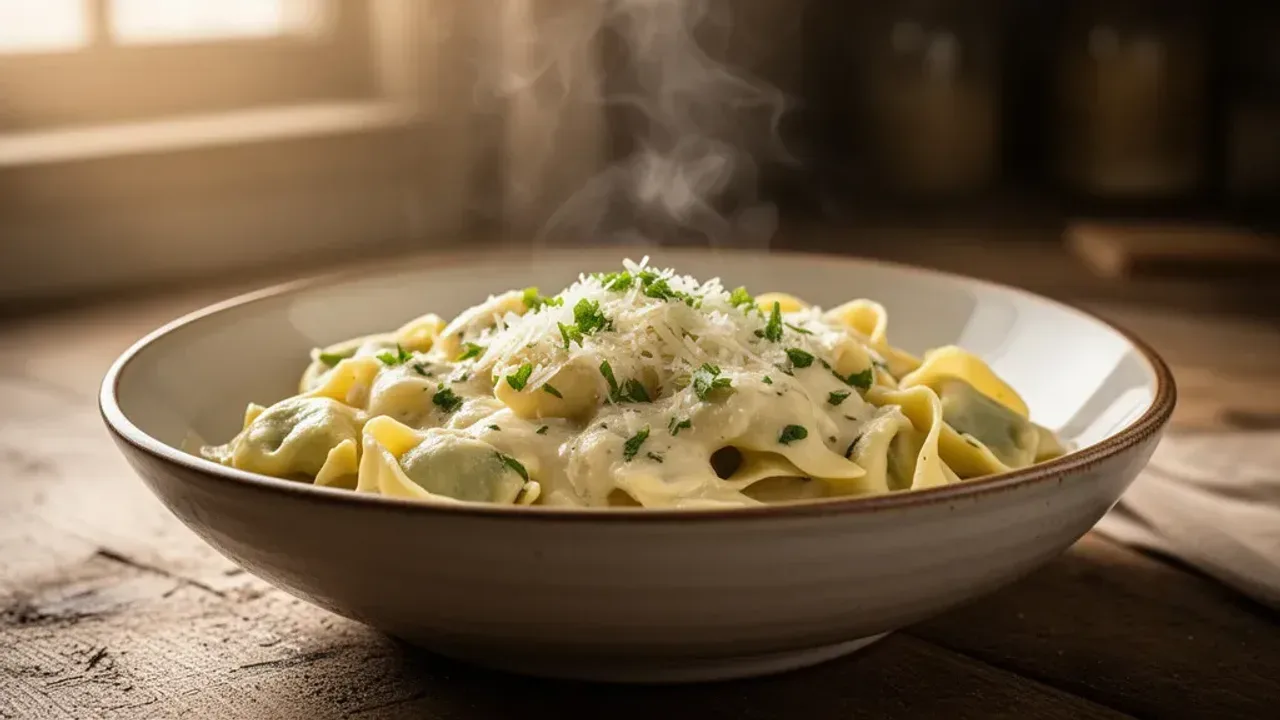 Sos do tortellini: przepis na szybki obiad w sosie śmietanowym i pomidorowym Aksamitne tortellini w sosie do tortellini z dodatkiem świeżego szpinaku i startego parmezanu na drewnianym stole.