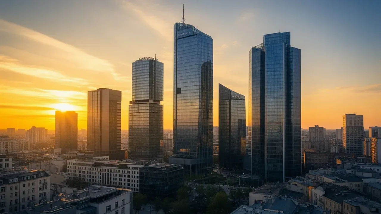 Warsaw Wola: przewodnik po tej dzielnicy Warszawy Nowoczesne wieżowce w biznesowej dzielnicy Warsaw Wola na tle zachodzącego słońca w Warszawie.