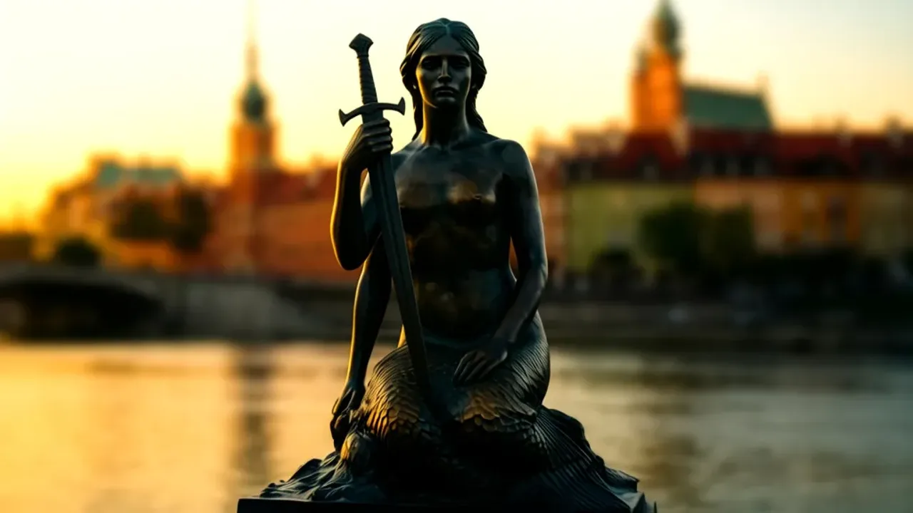 Warszawa Syrenka: rzeźba, pomnik i historia na Stare Miasto oraz Wisła Brązowy pomnik Warszawska Syrenka na postumencie na Rynku Starego Miasta w słoneczny dzień.
