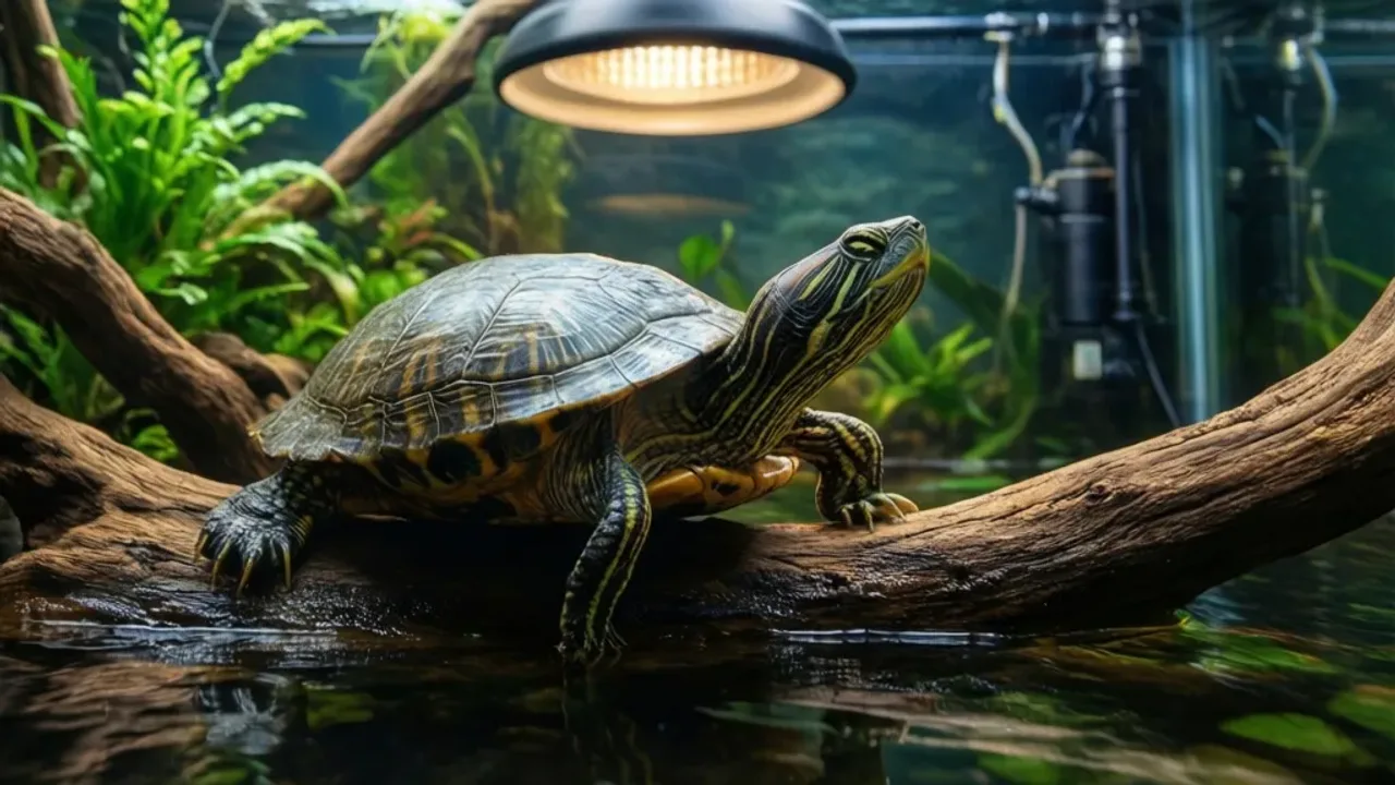 Żółw wodno lądowy gatunki: popularne gatunki dla początkującego hodowcy Żółw wodno lądowy gatunki odpoczywający na wyspie grzewczej w zadbanym akwaterrarium.